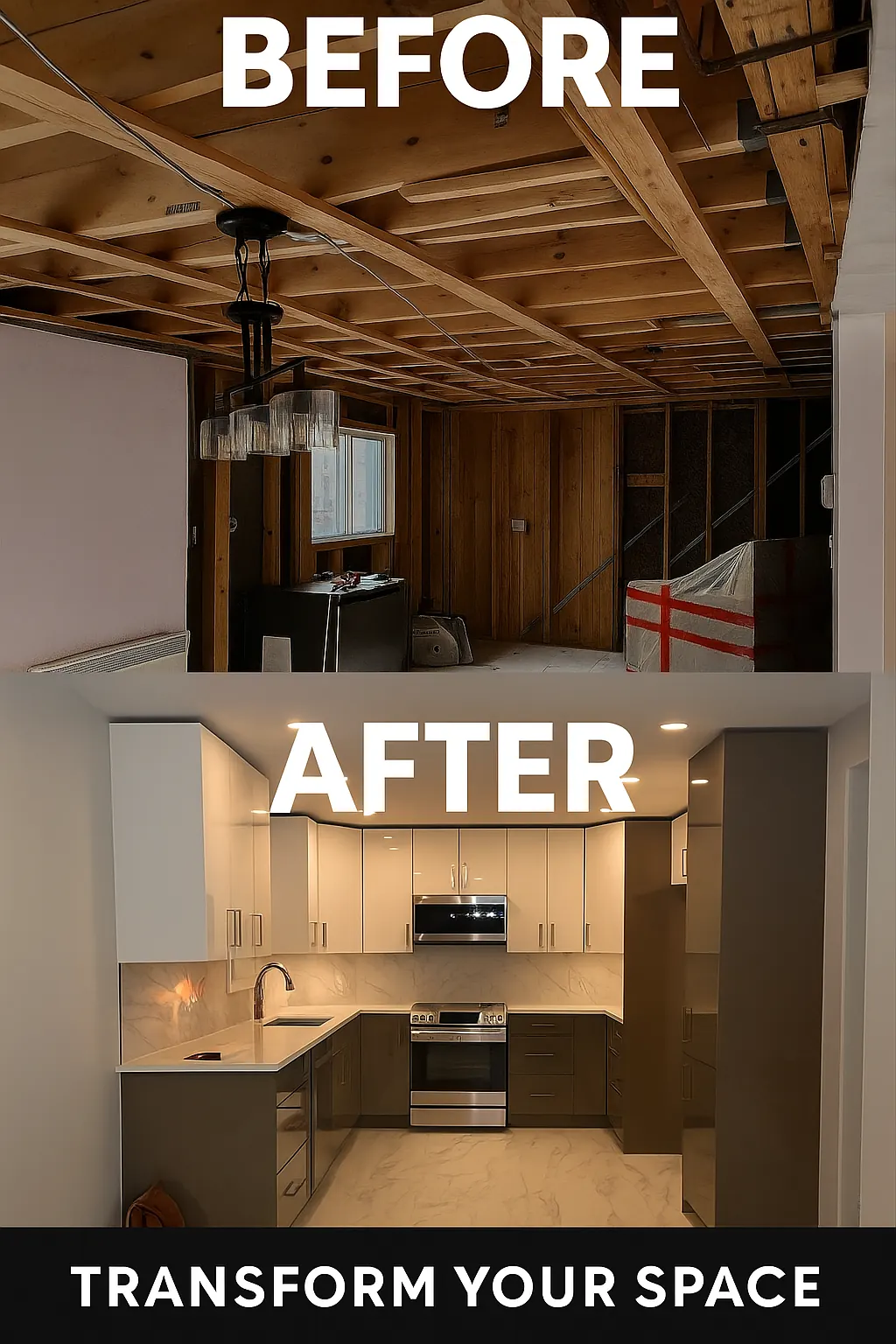 Kitchen: open framing to finished kitchen