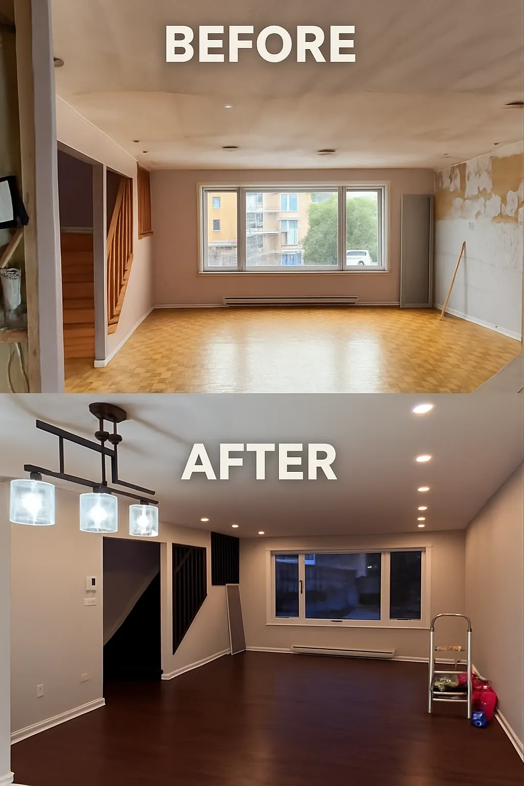 Living room: bare walls to finished floors and lighting
